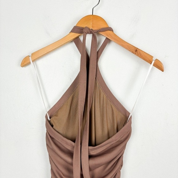 RUMOR Brown Ruched Ribbed Halter Mini Dress Sz 10 - Picture 4 of 7
